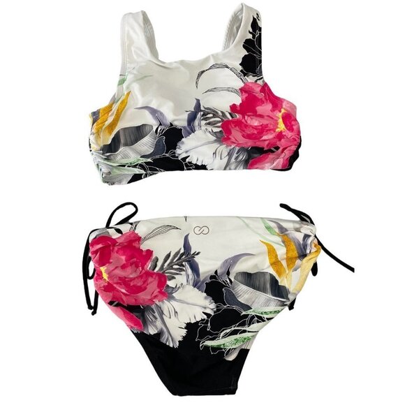 CALIA by Carrie Underwood Black & White Floral 2-pc Twist Bikini Set XS - Picture 2 of 9